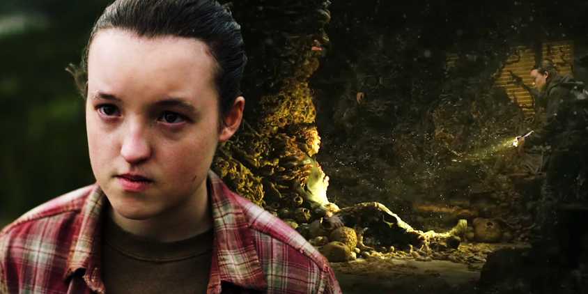 Collage of Ellie at the end of The Last of Us season 1 and Ellie approaching a clicker in The Last of Us season 2 trailer