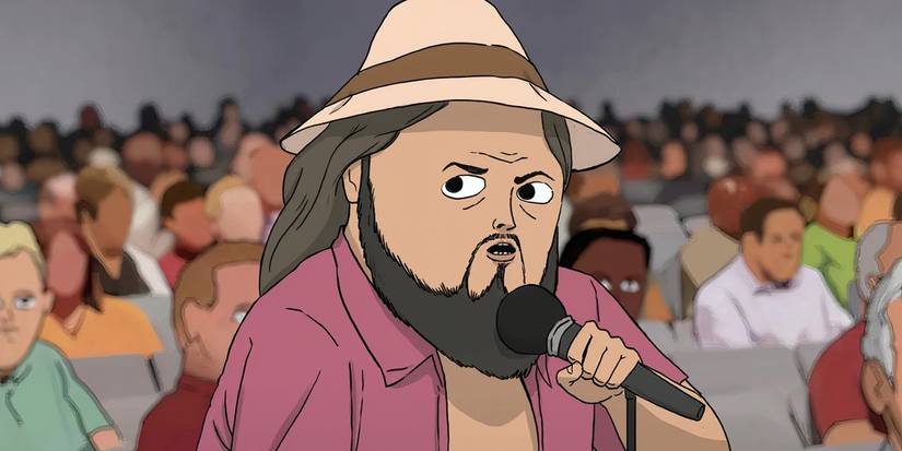 Marshall holding a microphone and speaking while standing in a crowd in Common Side Effects