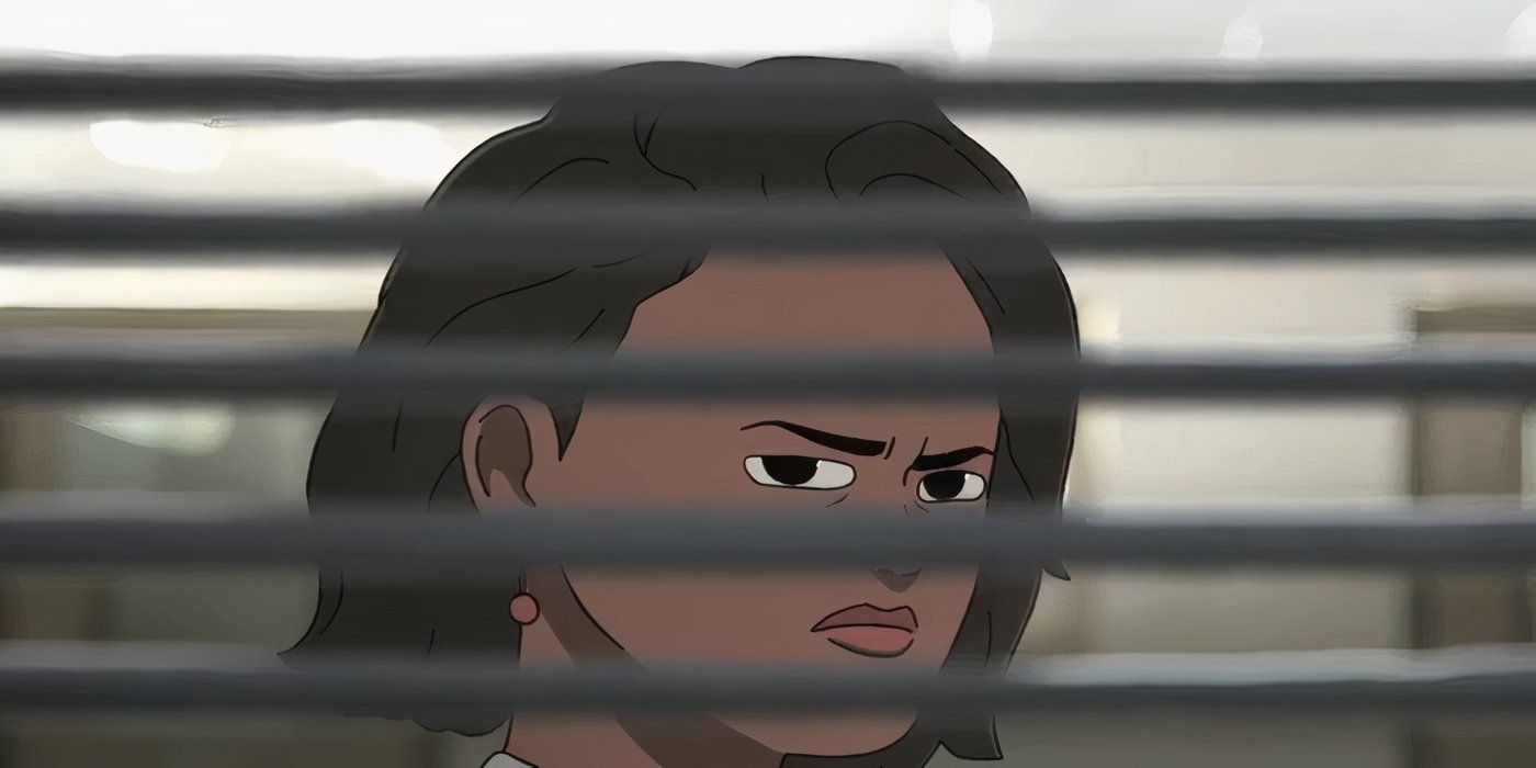 A woman peering through window blinds in Common Side Effects season 1