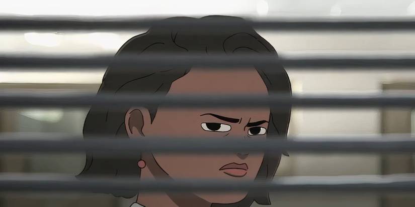 A woman peering through window blinds in Common Side Effects season 1