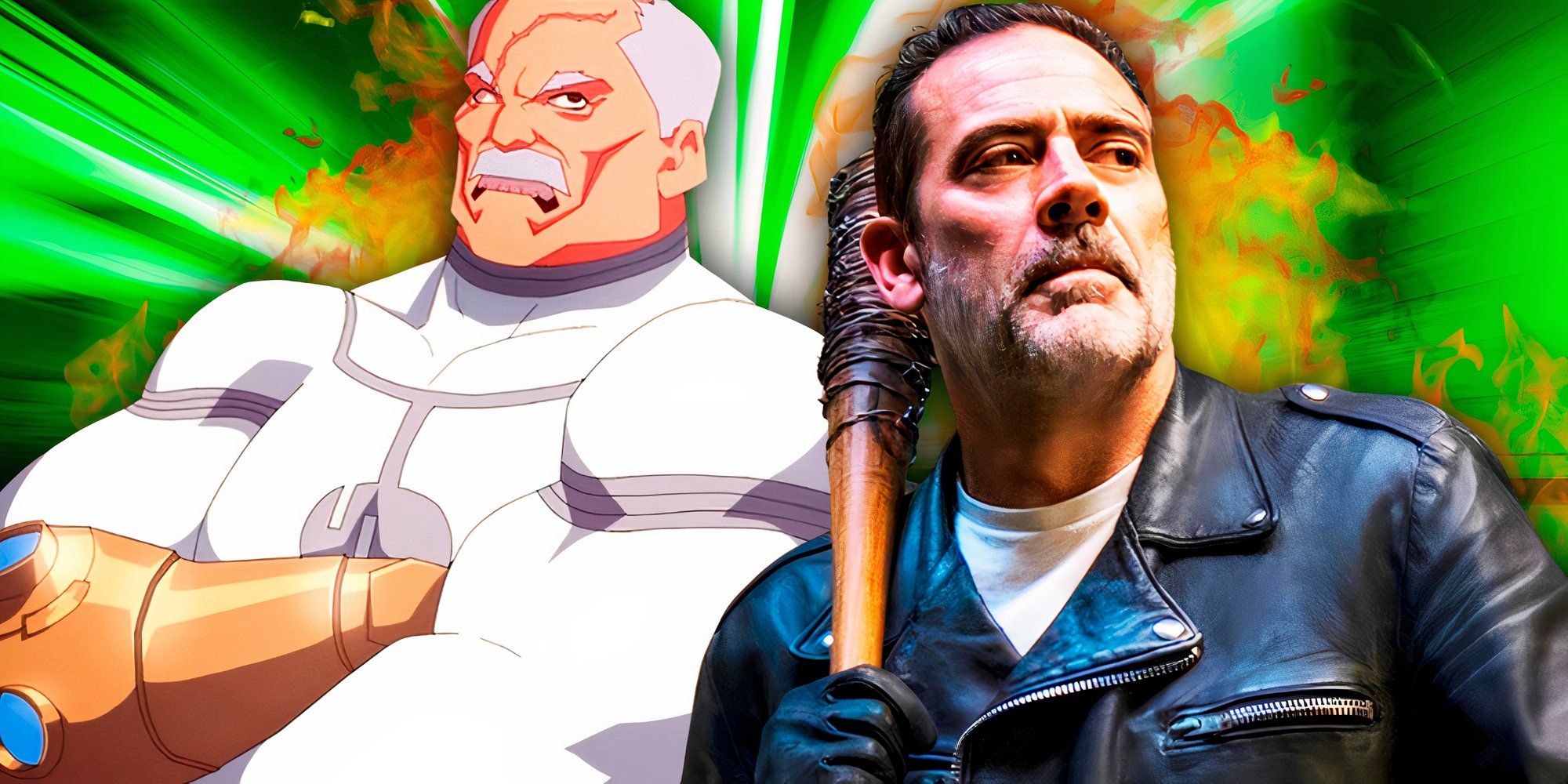 Conquest looking angry in Invincible next to Jeffrey Dean Morgan as Negan holding a bat in The Walking Dead