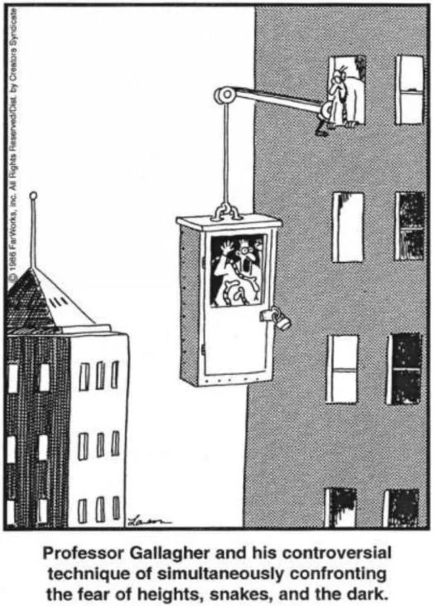 Far Side, a man being hung outside a building in a box while screaming.