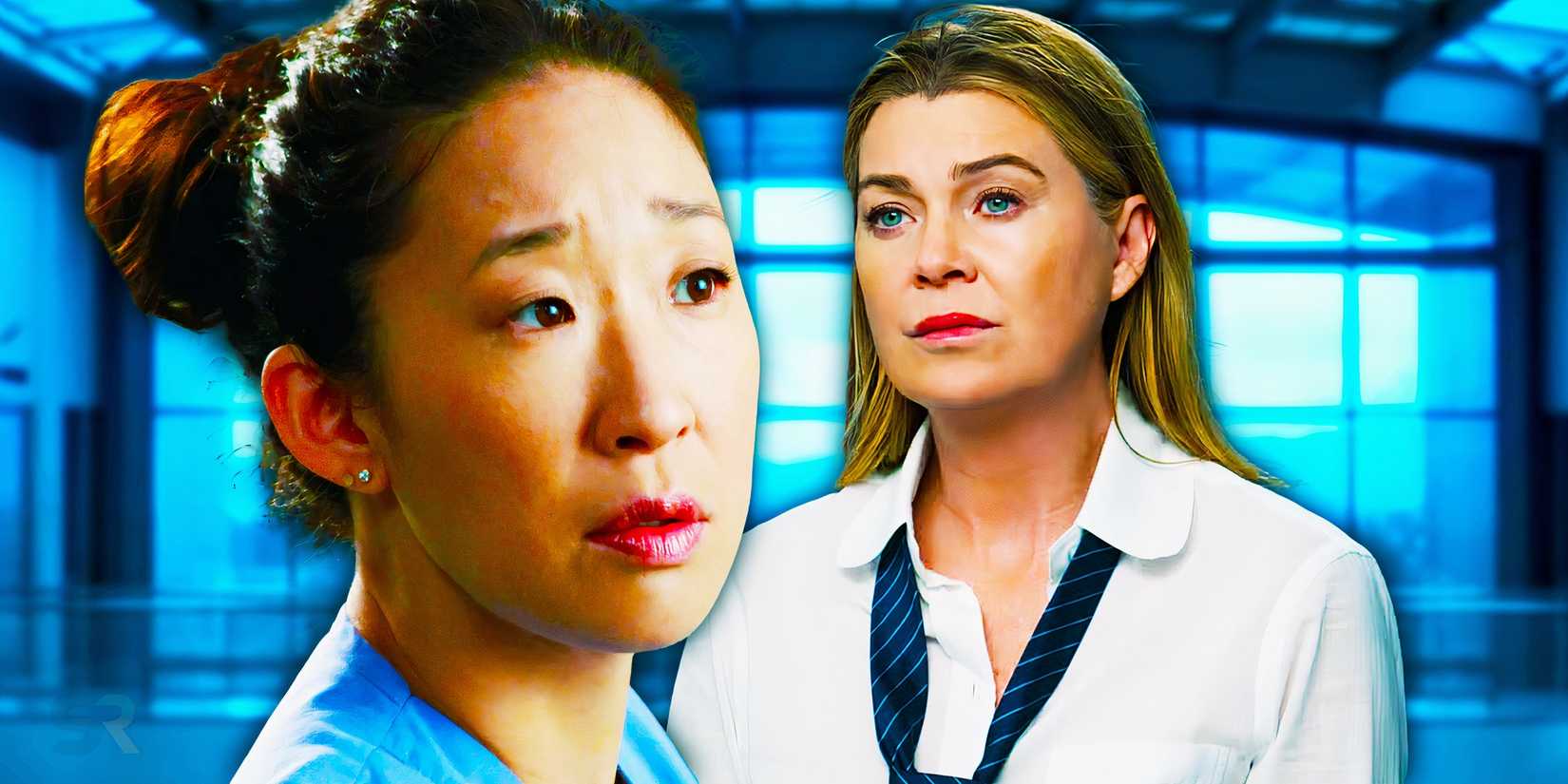 Sandra Oh as Cristina Yang and Ellen Pompeo as Meredith Grey in Grey's Anatomy