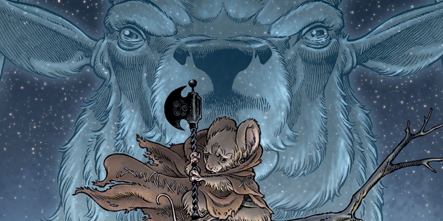 Cropped cover of Mouse Guard Black Ace #2, a mouse holding the Axe against the backdrop of a spectral deer