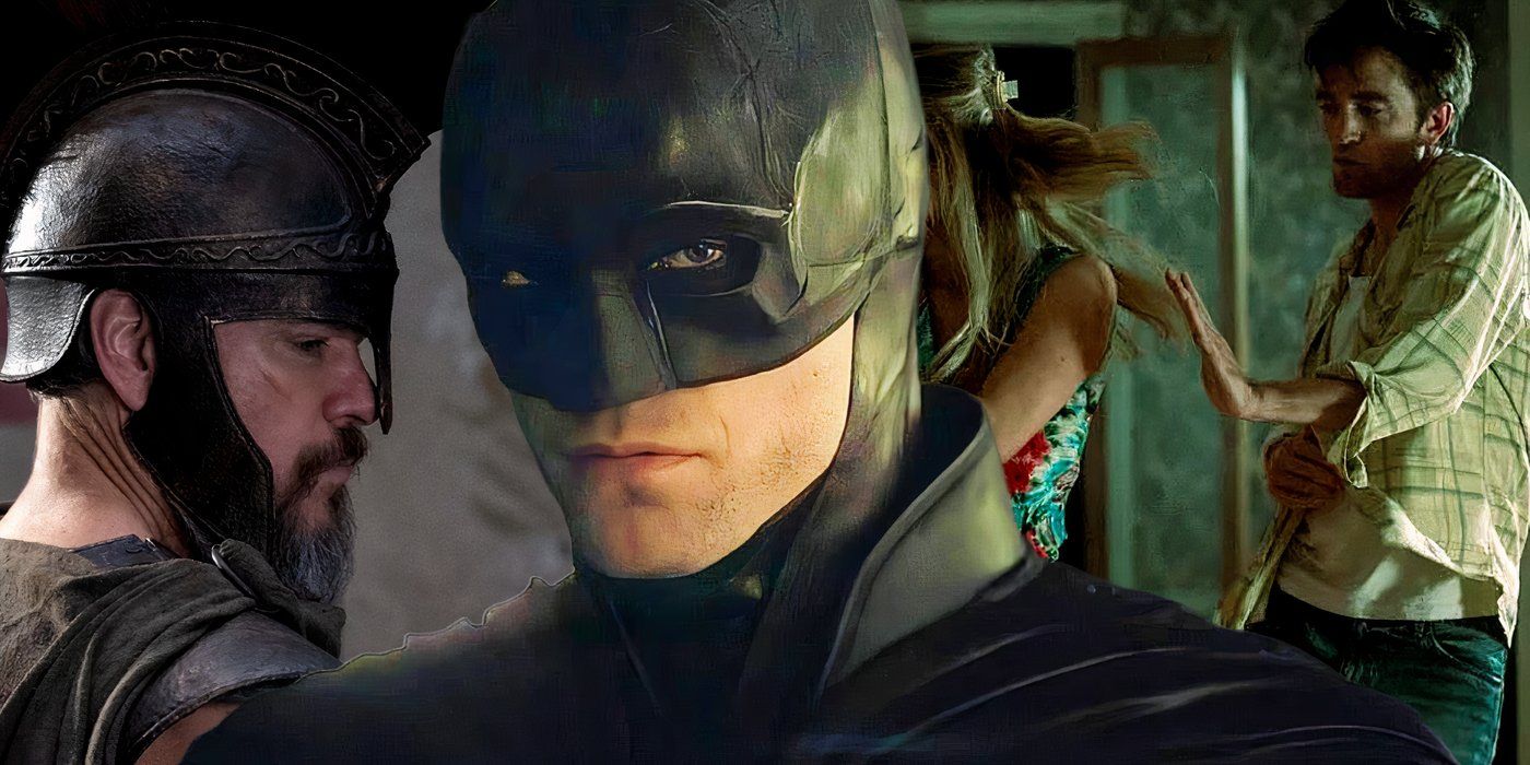 Collage of Robert Pattinson in The Odyssey, The Batman and Die My Love