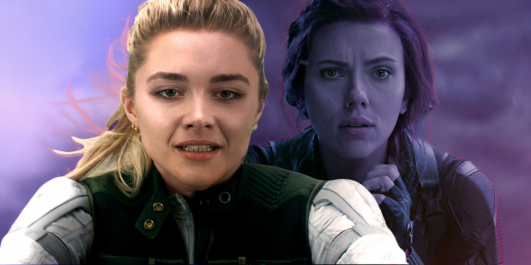 Custom image of Yelena Belova looking serious in full color with Natasha Romanoff looking sad in dark purple behind her