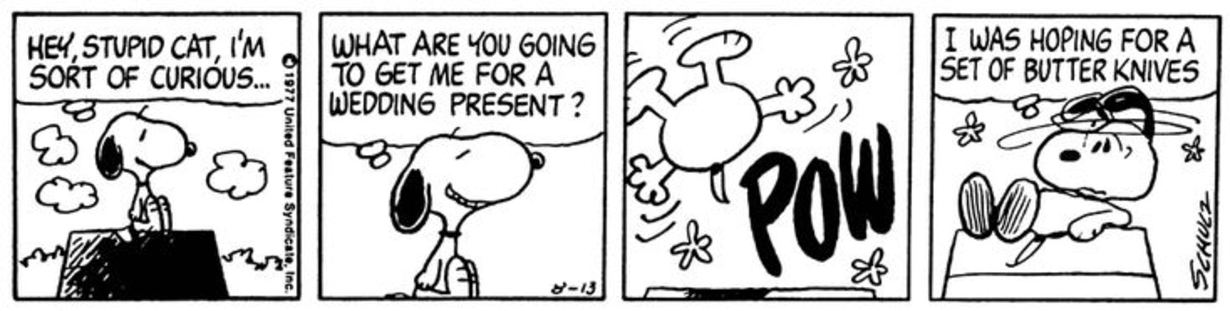 Snoopy smiling before getting knocked over.
