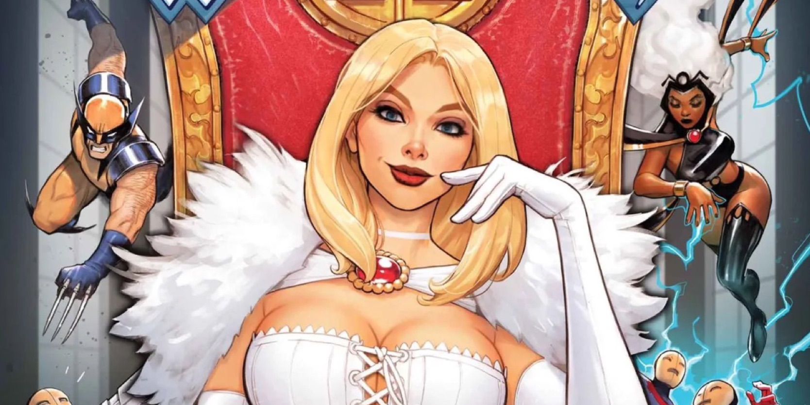 Emma Frost: The White Queen cover by David Nakayama cropped - Emma flanked by Storm and Wolverine