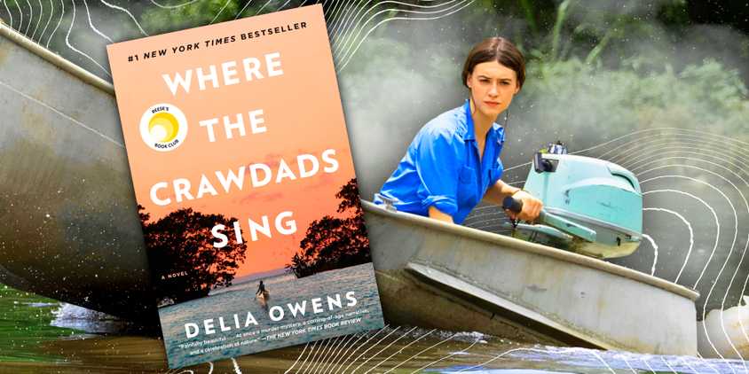 Daisy Edgar Jones on the marsh in Where the Crawdads Sing movie, and the cover of the Where the Crawdads Sing book