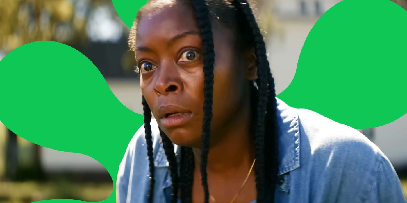Danielle Deadwyler looking scared in The Woman in the Yard in front of a Rotten Tomatoes splat