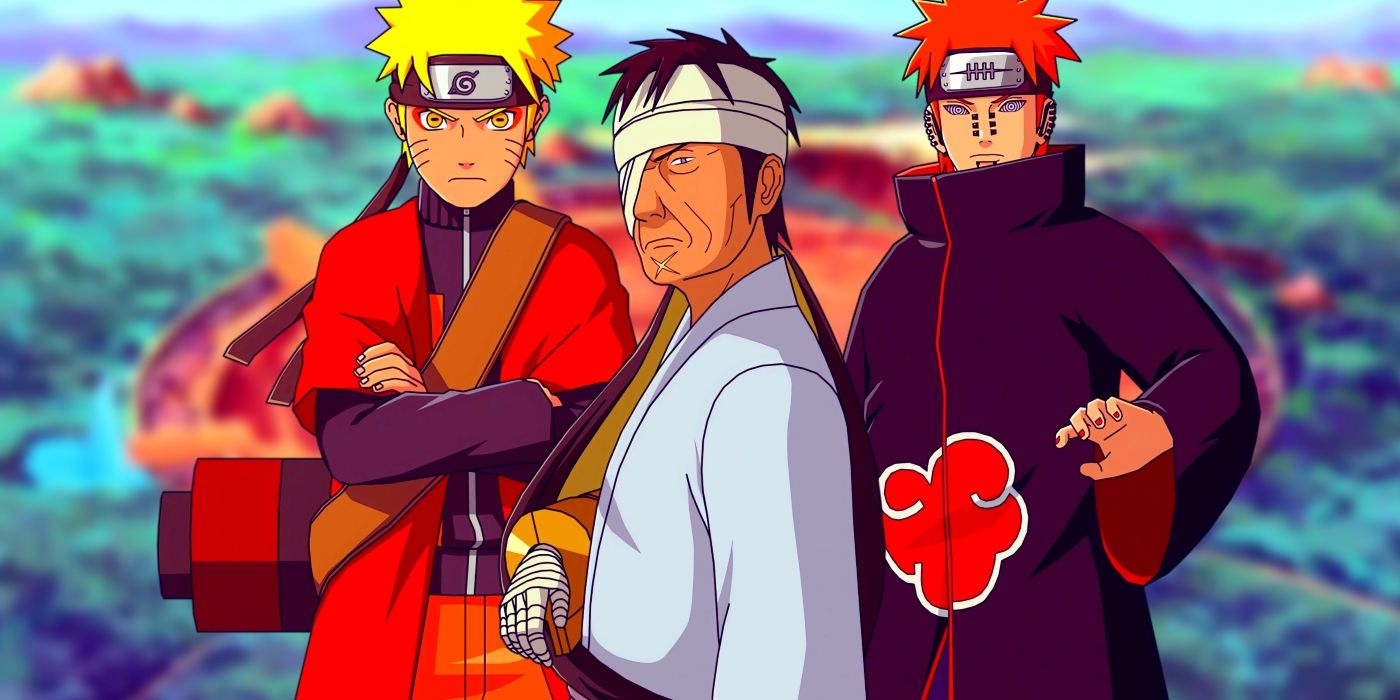 Danzo, Naruto, and Pain standing side by side. Behind them, the crater left by Pain&rsquo;s Shinra Tensei can be seen.