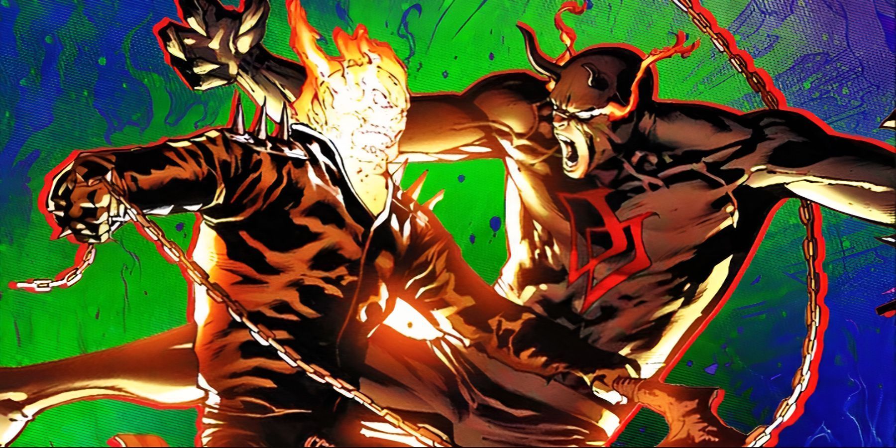 Daredevil and Ghost Rider fight against a green and blue background.