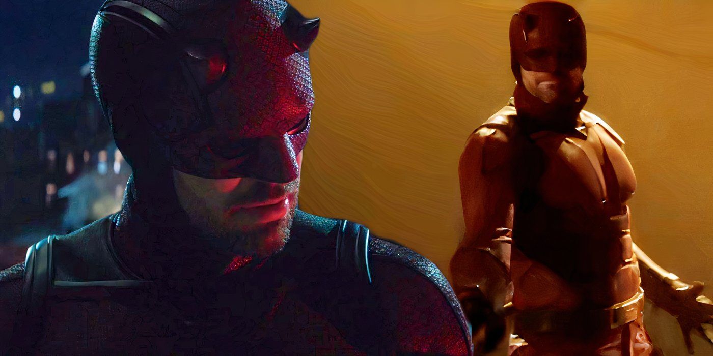 Matt Murdock on a roof and Matt fighting in his Daredevil suit in Daredevil: Born Again and