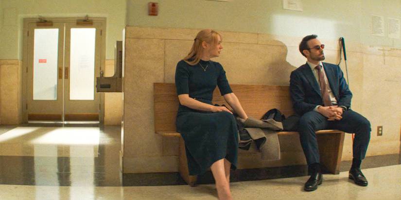 Karen Page (Deborah Ann Woll) and Matt Murdock (Charlie Cox) reunite at the trial against Poindexter in Daredevil: Born Again Season 1 Ep 1