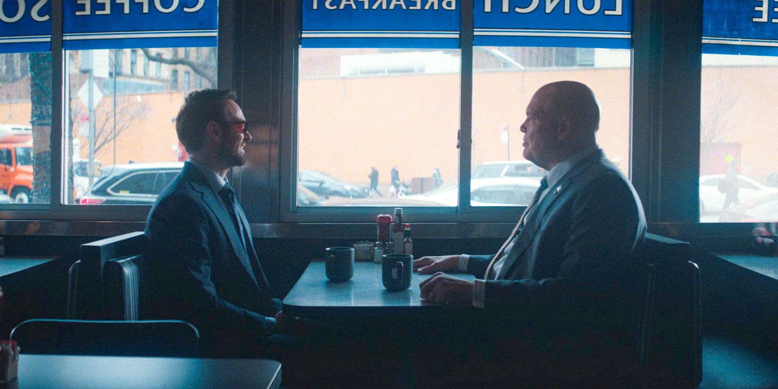 Matt Murdock (Charlie Cox) and Wilson Fisk (Vincent D&rsquo;Onofrio) having a conversation in a diner in Daredevil: Born Again Season 1 Ep 1
