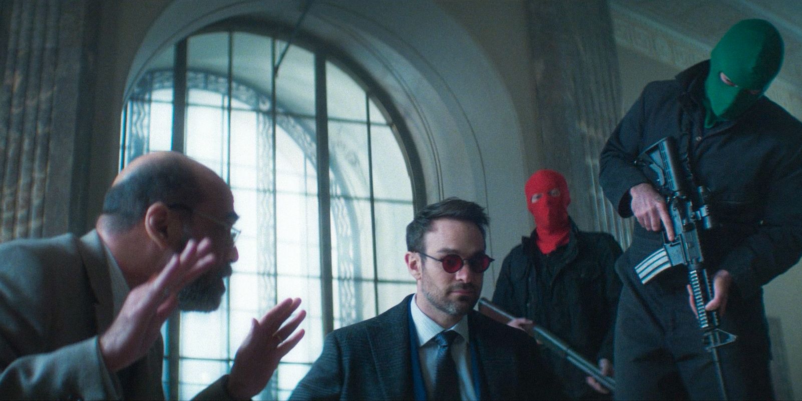 Matt Murdock (Charlie Cox) is taken hostage during the bank robbery in Daredevil: Born Again Season 1 Ep 5
