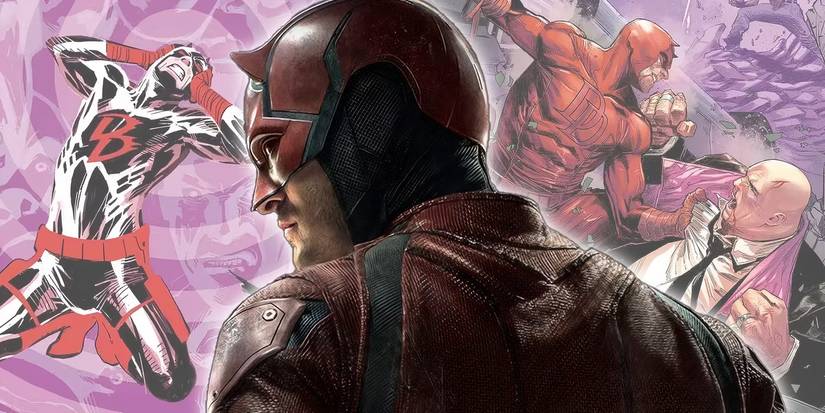 MCU's Daredevil with his Marvel Comics counterparts behind him.