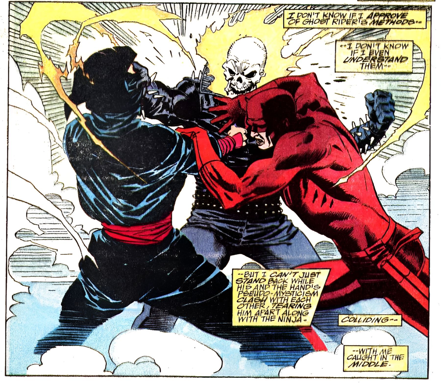 Daredevil intercepts a Penance Stare while fighting the Hand