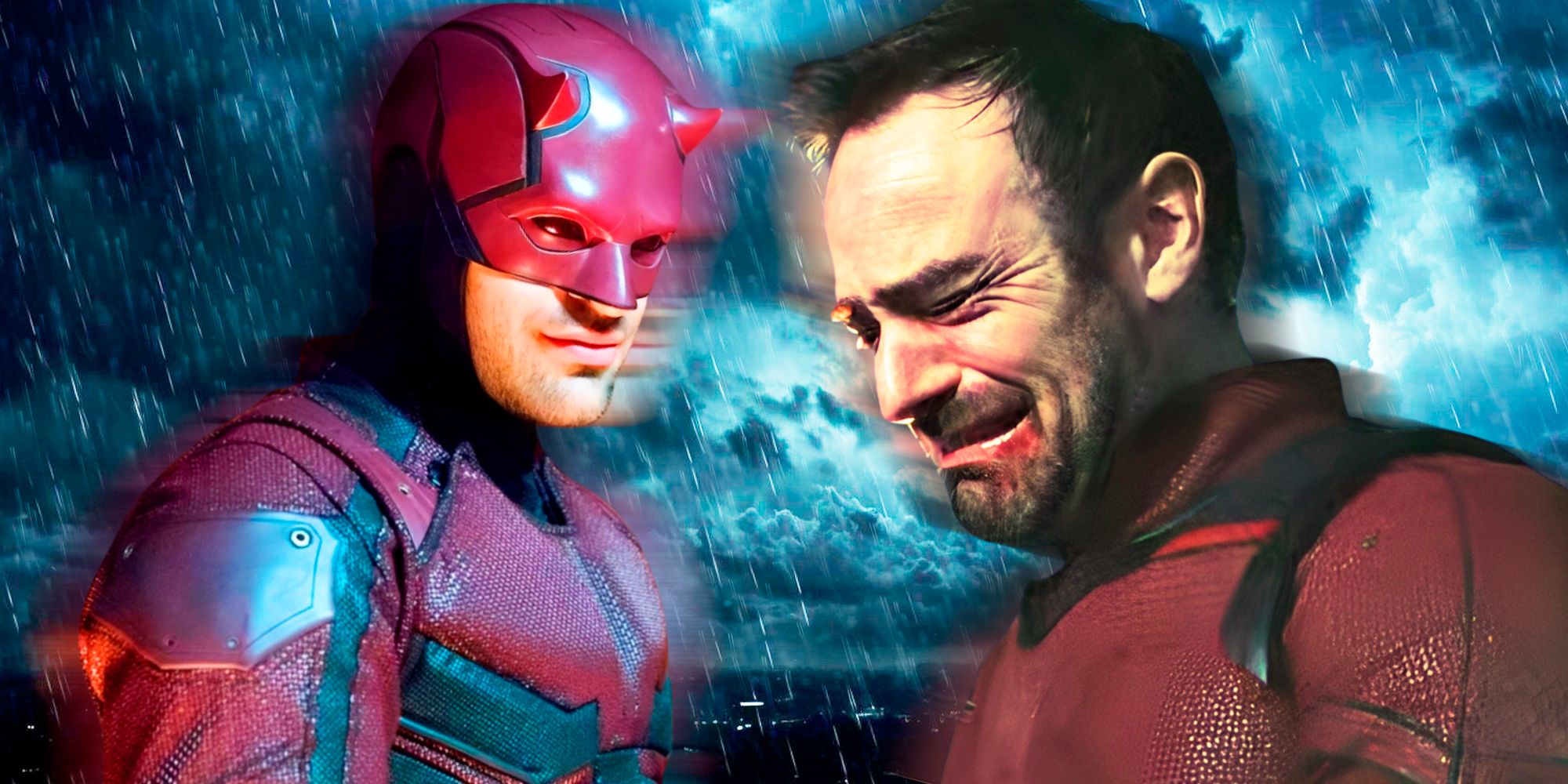 Daredevil looking happy in the original show and sad in Born Again