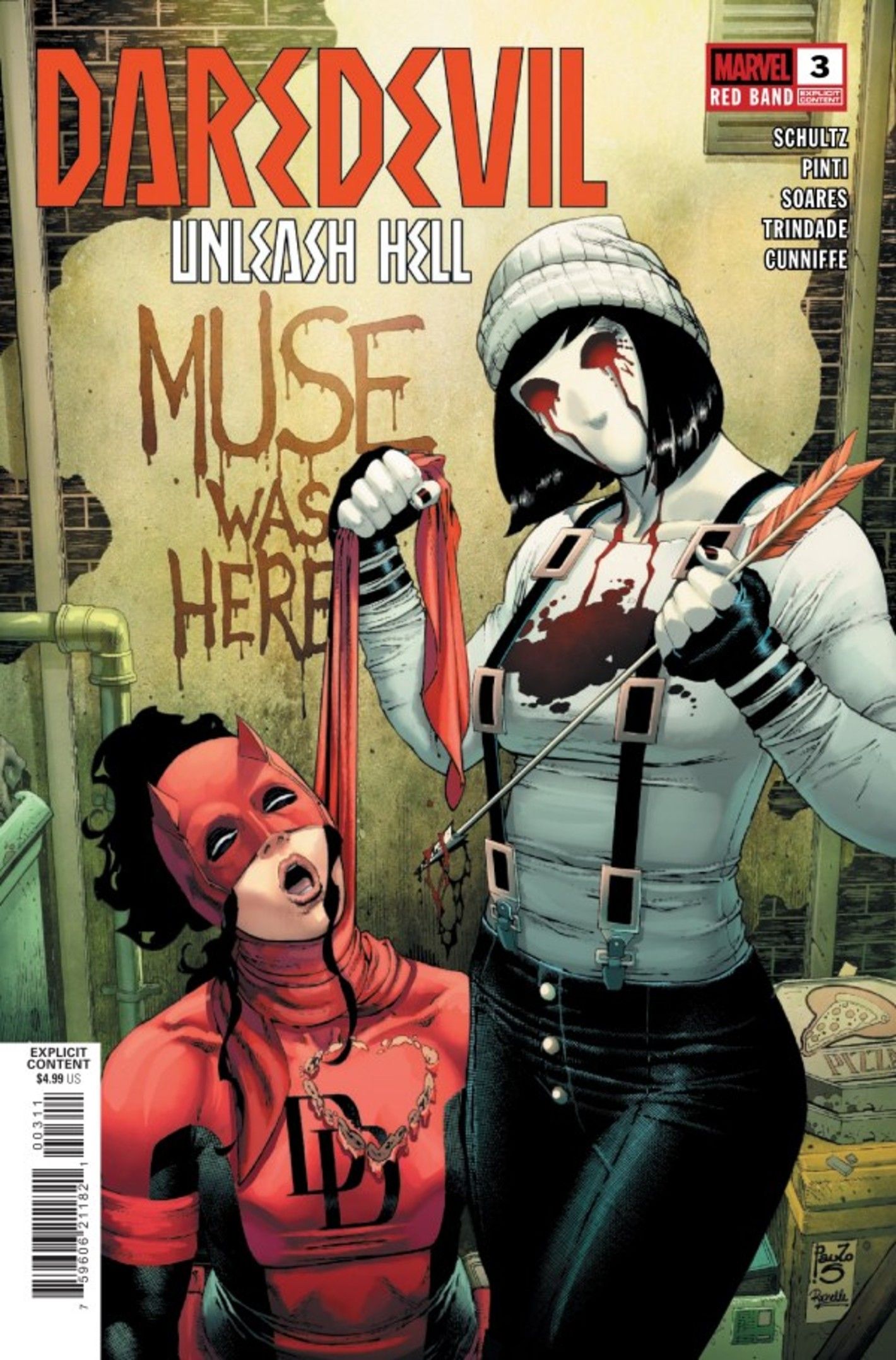 Daredevil Unleash Hell #3, the female Muse chokes out Daredevil and prepares to stab her with an arrow