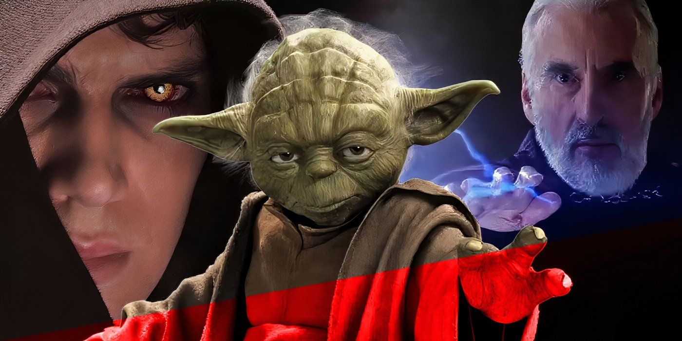 Star Wars' Yoda with Anakin Skywalker and Count Dooku behind him.