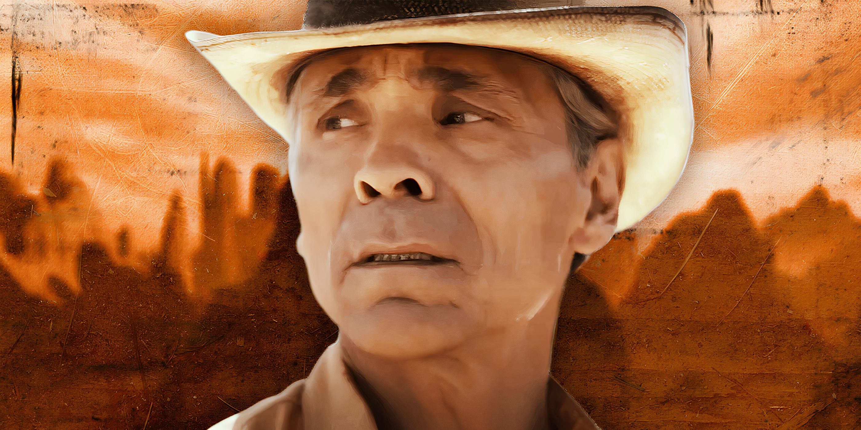 Zahn McClarnon as Joe Leaphorn in Dark Winds season 3 on a background of canyons and arroyos