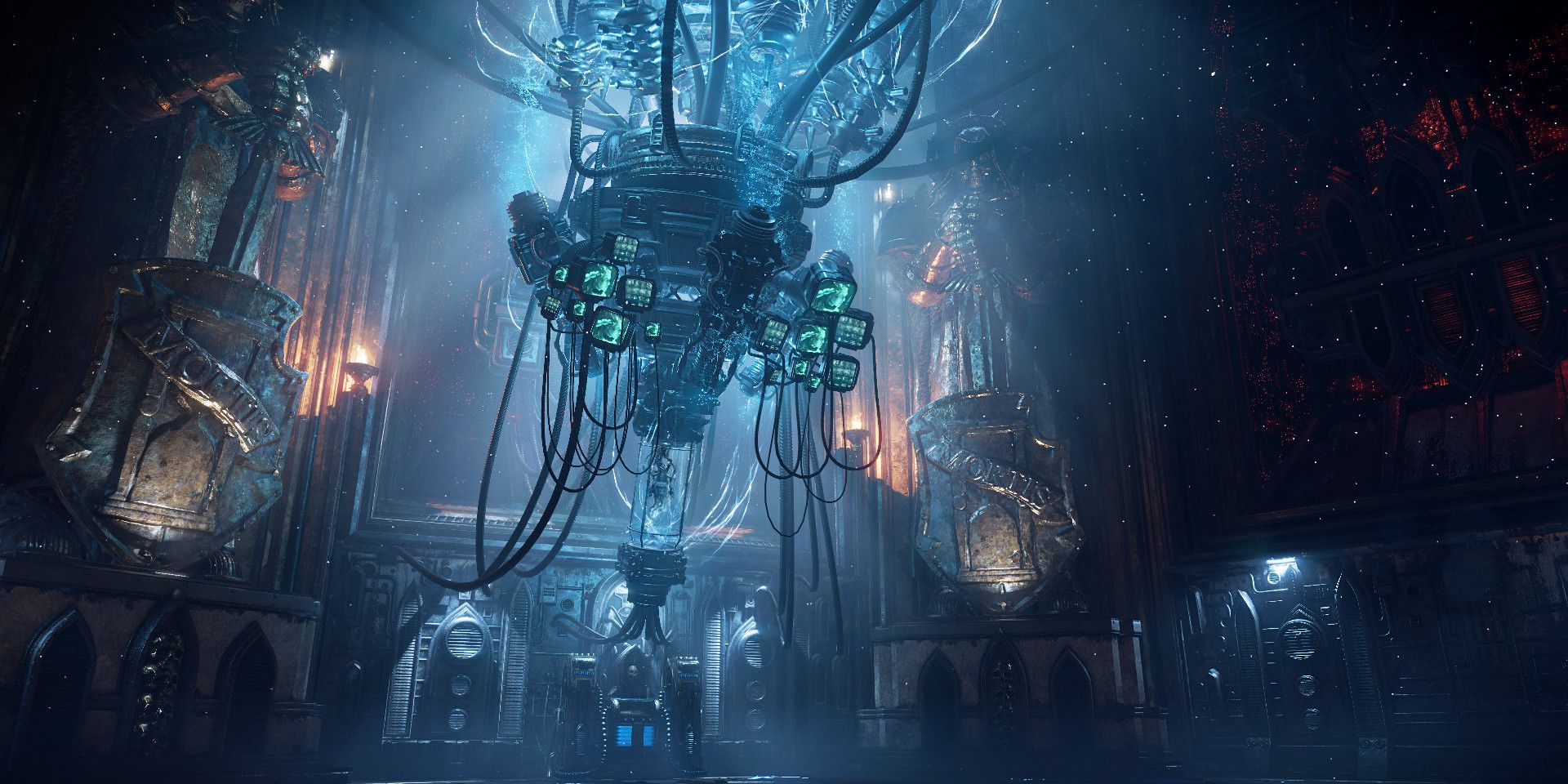 A large device with several wires and screens in Warhammer 40,000: Darktide.