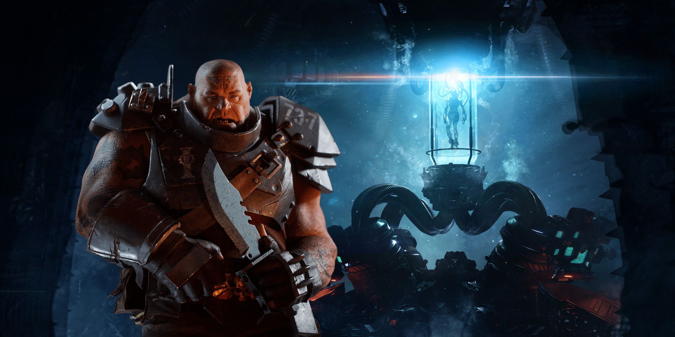 An Ogryn from Warhammer 40,000: Darktide, with the key art for the Nightmares &amp; Visions update in the background.