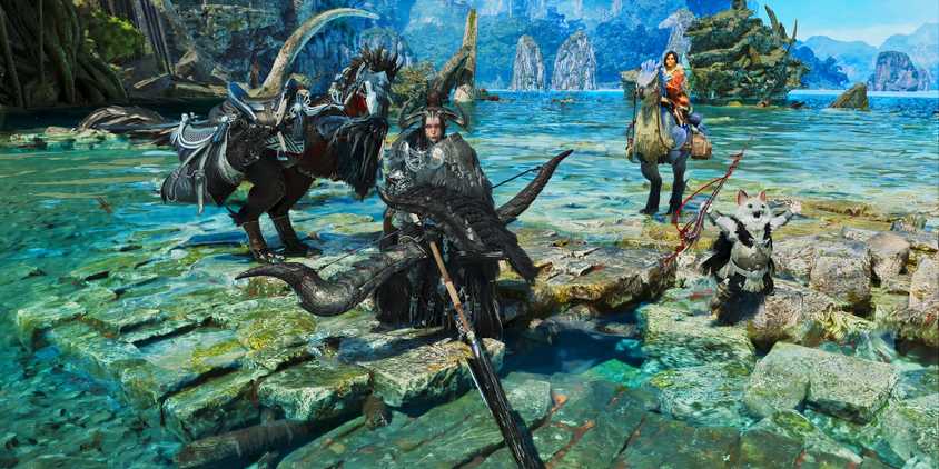 Darkveld Collection Mod in Monster Hunter Wilds featuring three characters posing on some rocks in water