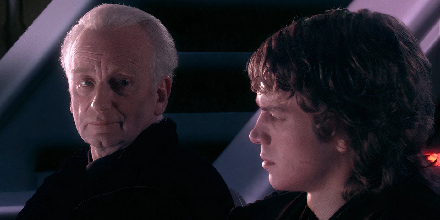 Palpatine and Anakin Skywalker sitting together, talking. 