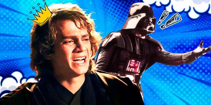Anakin Skywalker in Revenge of the Sith to the left with a little crown icon on his head and Darth Vader raising his hand to the right in front of a blue background