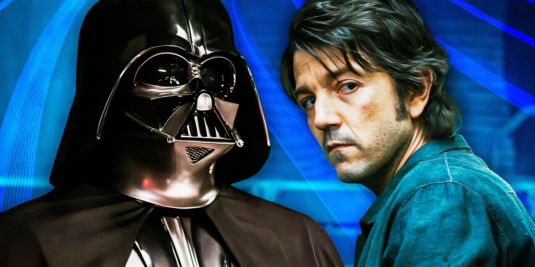 Darth Vader to the left and Cassian Andor to the right in front of a blue background