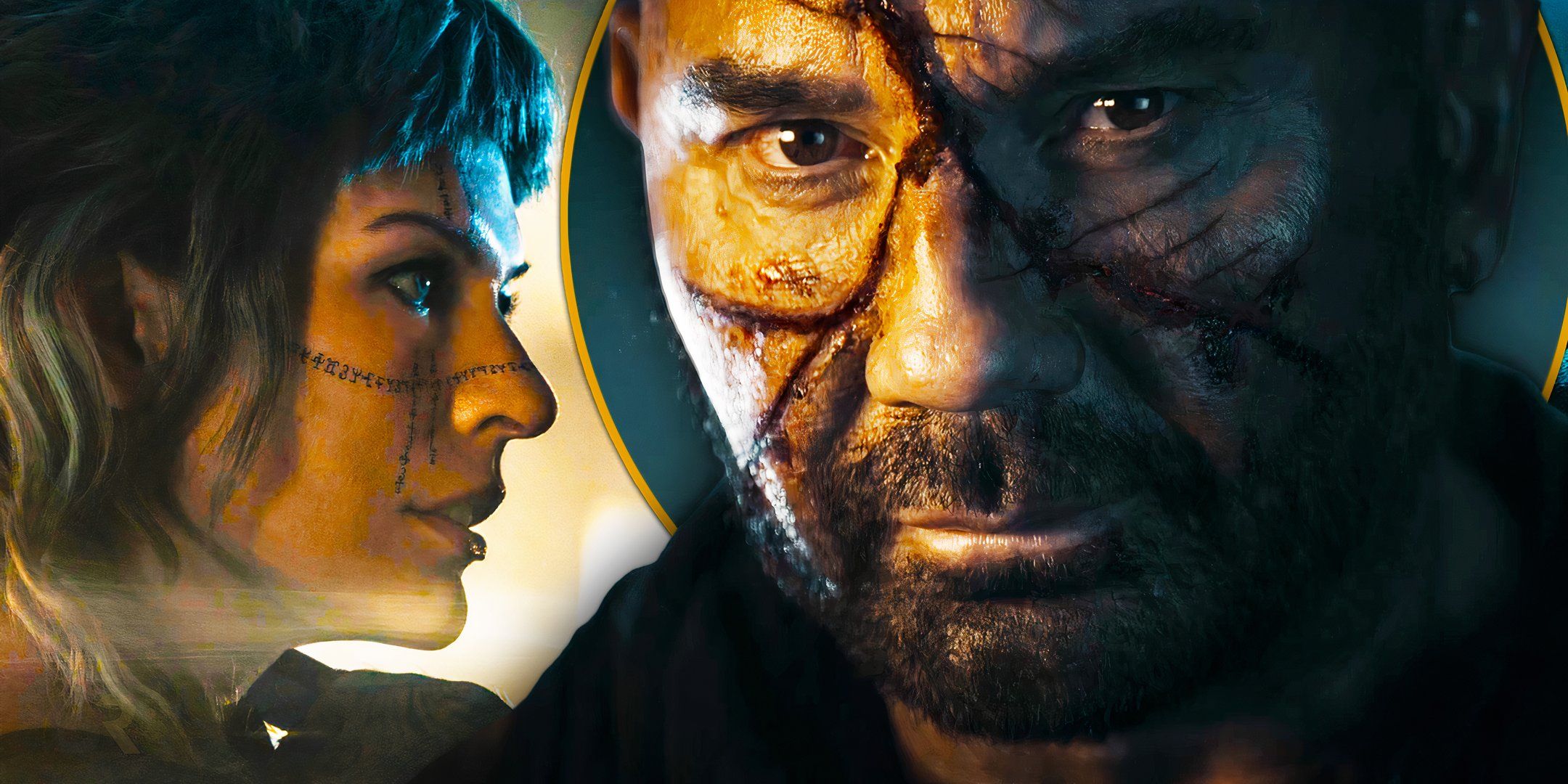 An edited image of Dave Bautista and Milla Jovovich looking serious in In the Lost Lands.