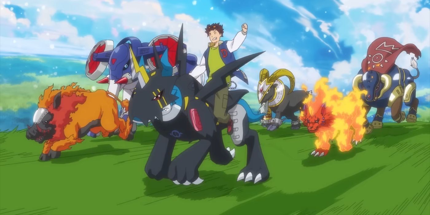 Davis riding on Raidramon being followed by Armor Digimon.