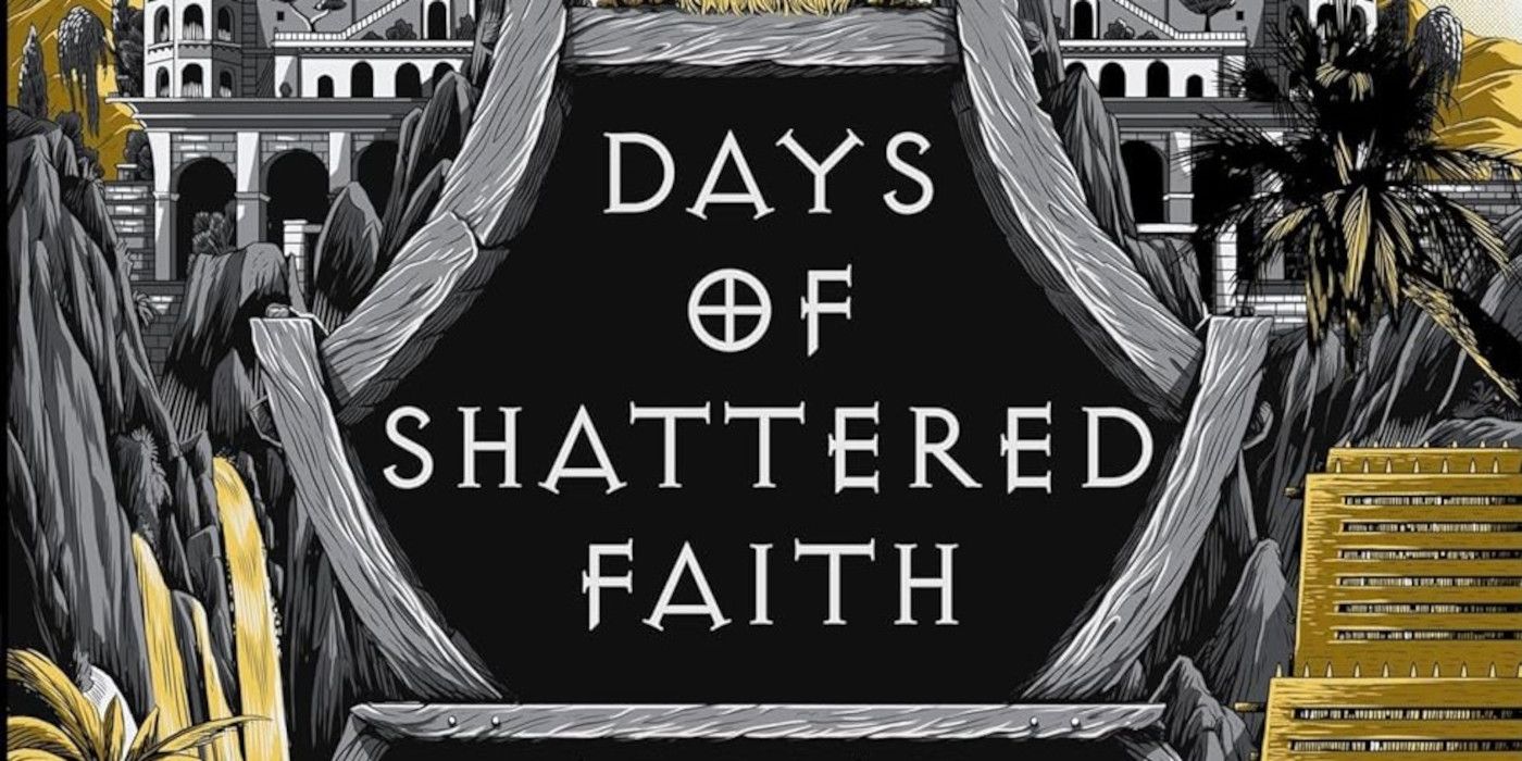 Days of cover of faith broken with the text of the blank title against a gray castle and a black opening inside it