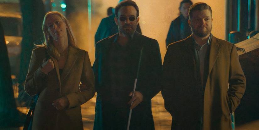 Karen Page, Charlie Cox, and Elden Henson as Karen, Matt, and Foggy in Daredevil Born Again