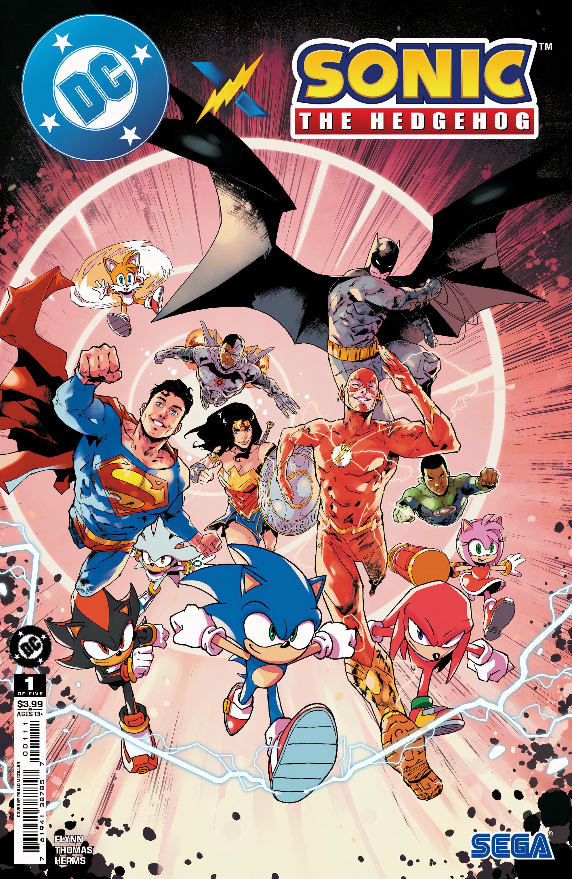 Superman, Cyborg, Wonder Woman, Green Lantern, Batman, Flash, Sonic, Shadow, Amy, Knuckles, and Tails run together.