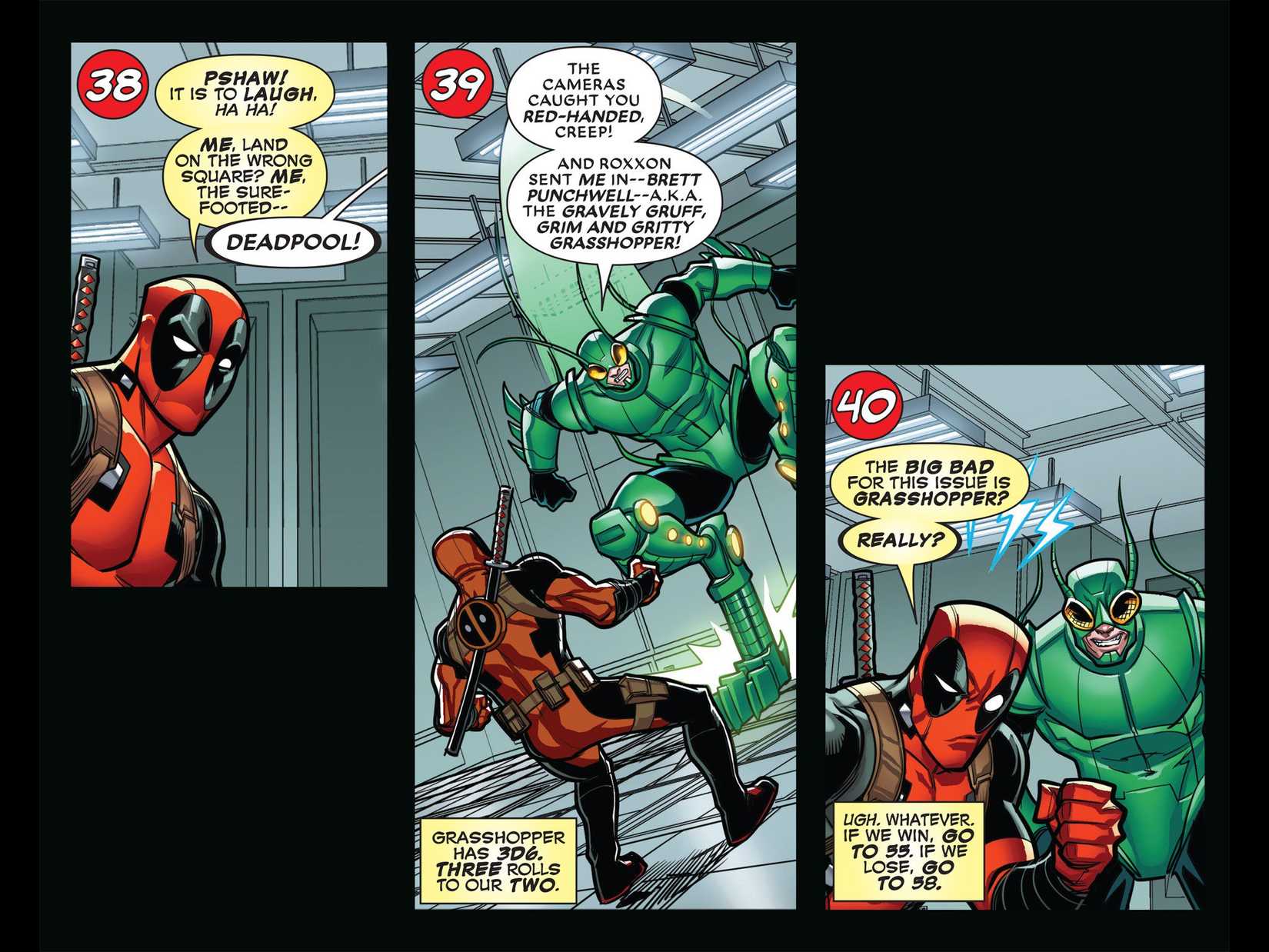 Grasshopper leaps onto the panel toward Deadpool.