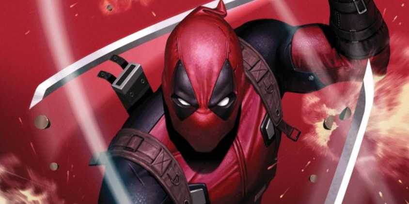 Deadpool wielding his katanas against a red background.