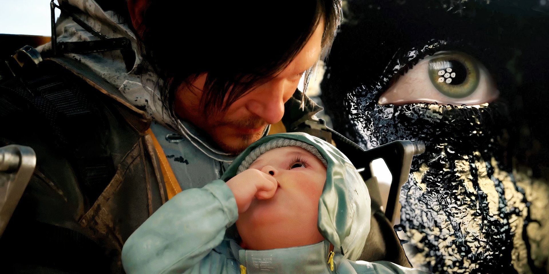 Death Stranding 2 Sam and baby with an intense eye with black on them