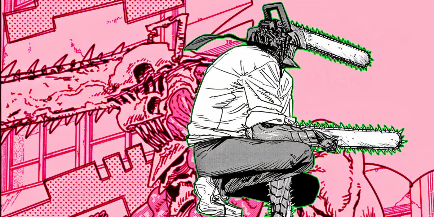Denji in his Chainsaw Man form kneeling in front of the fake Chainsaw Man revealed in chapter #196.