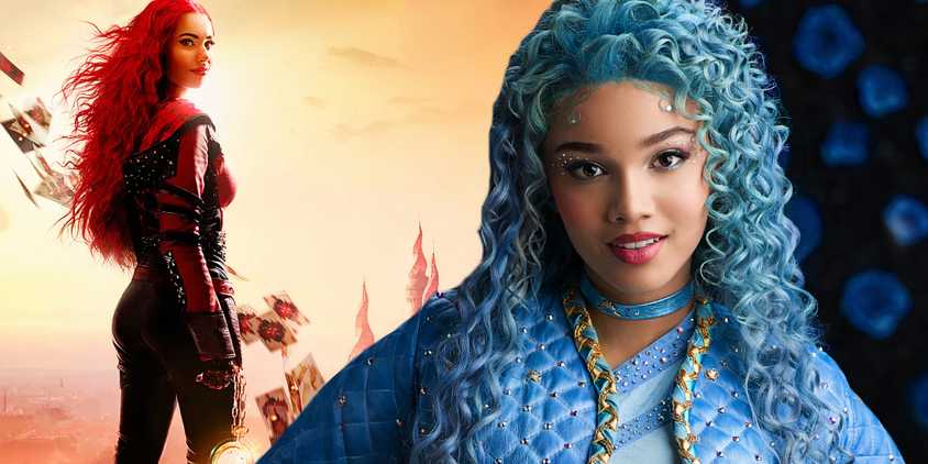 A composite image of Chloe looking at the camera with a smile in front of Red standing with flying playing cards in Descendants: The Rise of Red