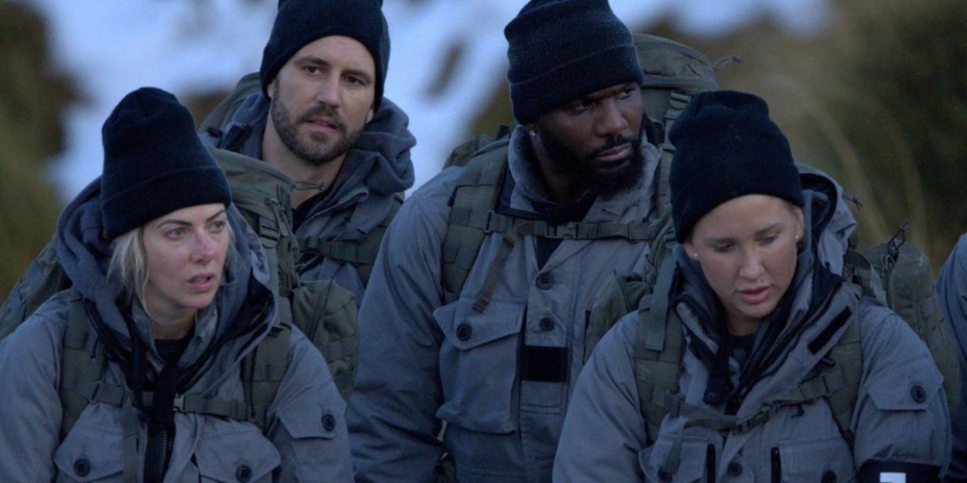 Dez Bryant with three other contestants in winter gear in  special forces world&rsquo;s toughest test