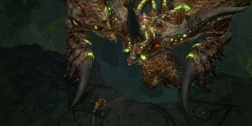 A player facing off against a massive monster with glowing green eyes in Diablo 4