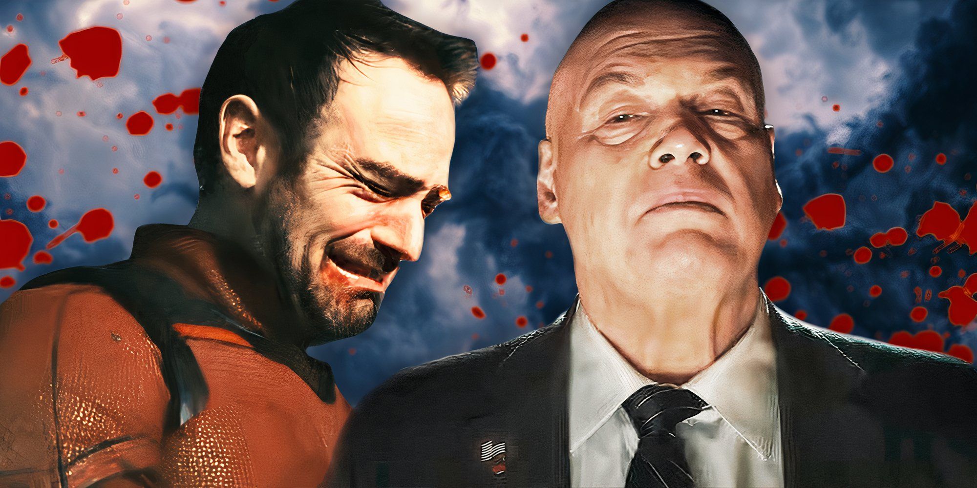 Charlie Cox crying as Daredevil next to Vincent D'Onofrio looking menacing as Kingpin in Daredevil: Born Again on a blood-stained, cloudy background