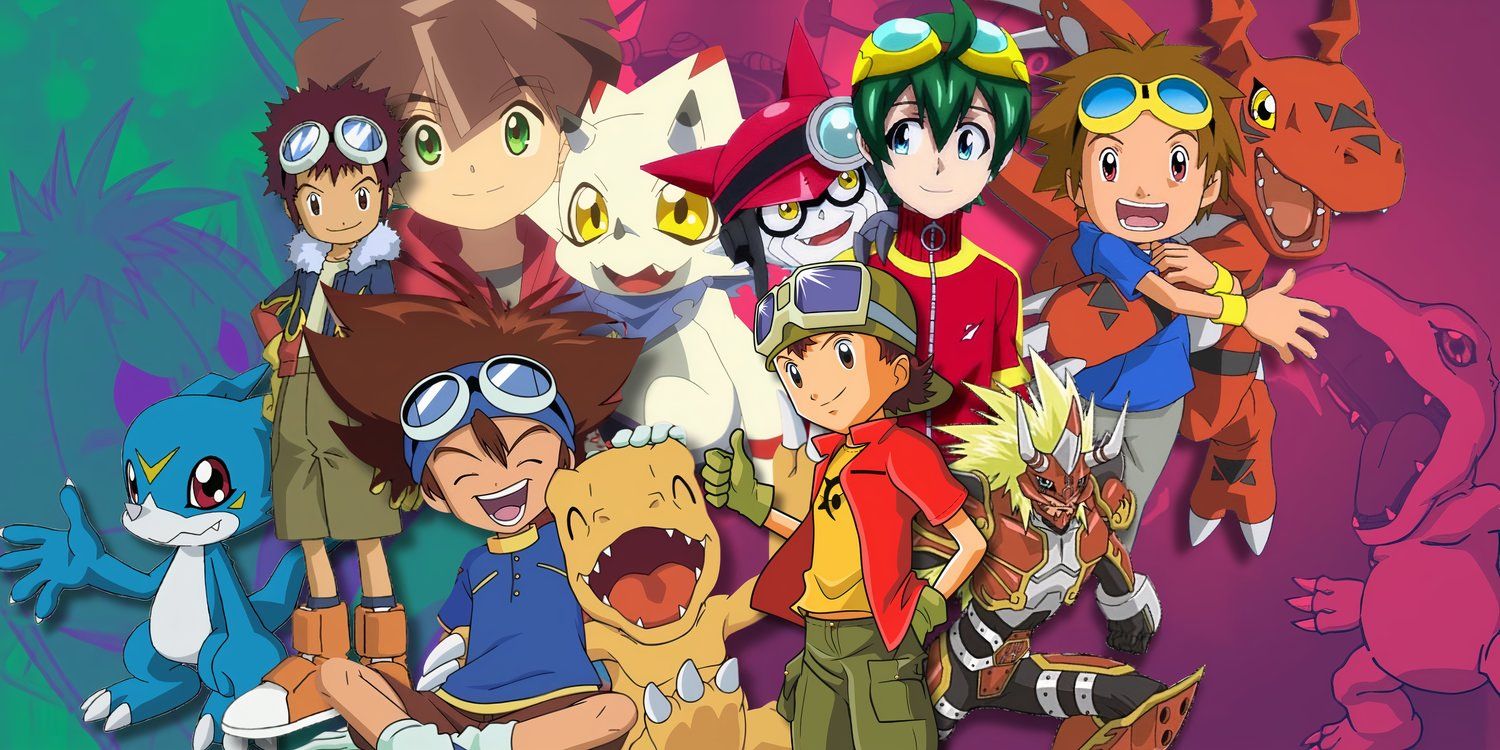 The Goggle Head heroes from each season pose with their Digimon partners.