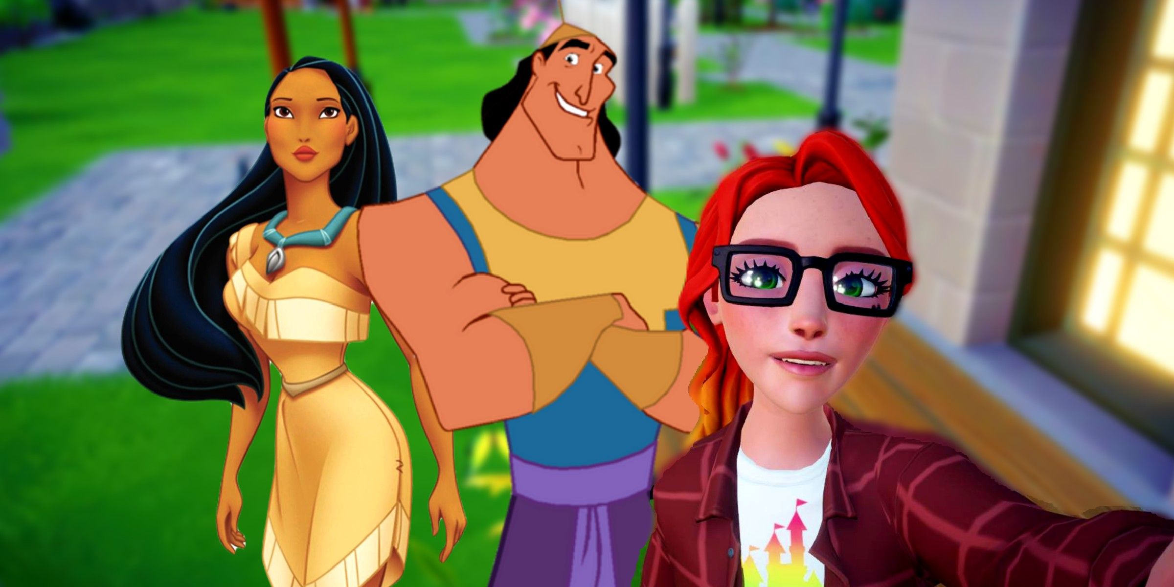 Disney dreamlight valley character posing with kronk and pocahontas