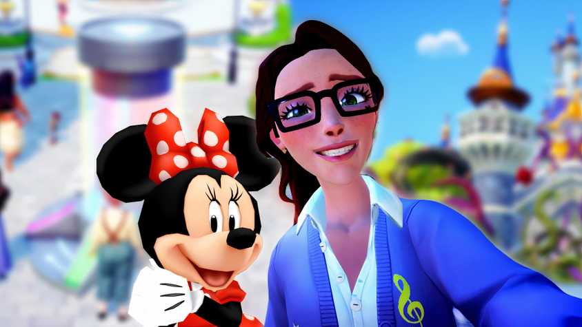 Disney dreamlight valley character smiling awkwardly next to minnie mouse with screenshots of the game behind her