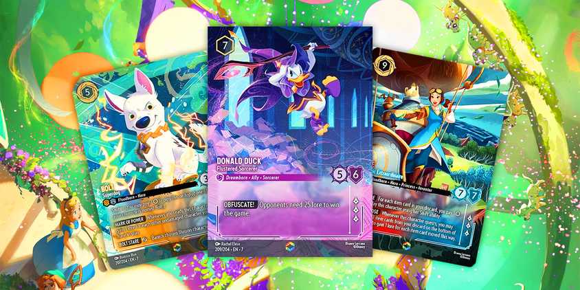 Disney Lorcana Archazia Island Donald Duck card, Bolt card , and Belle