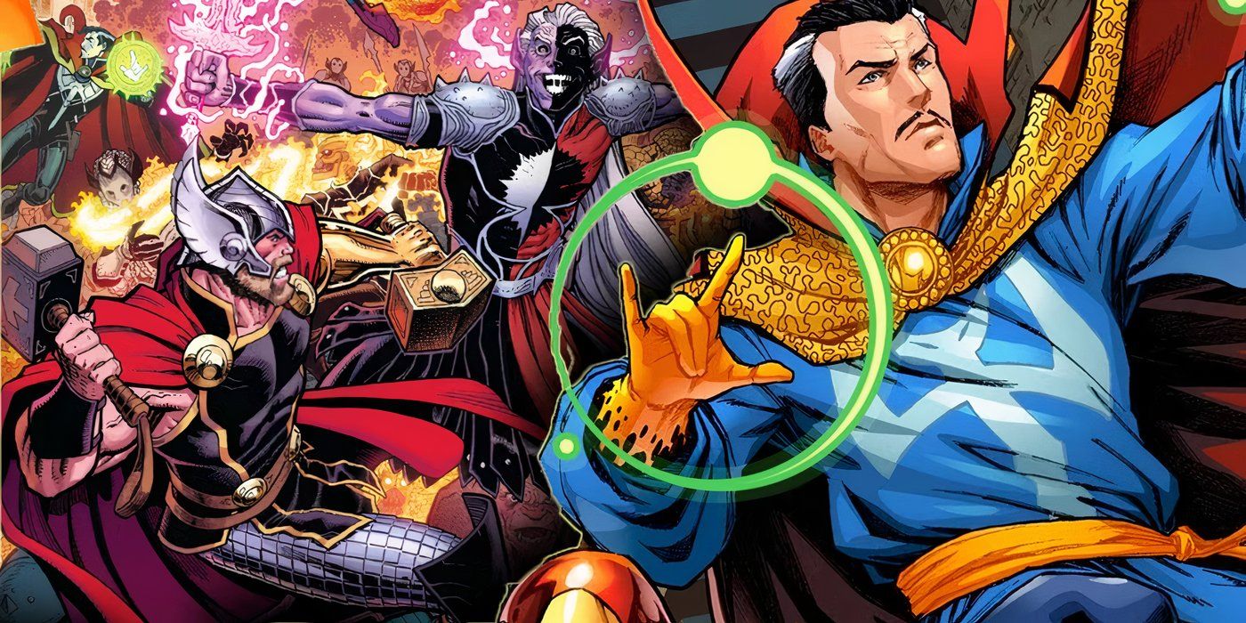 Doctor Strange and Thor battling Dark Elves together.